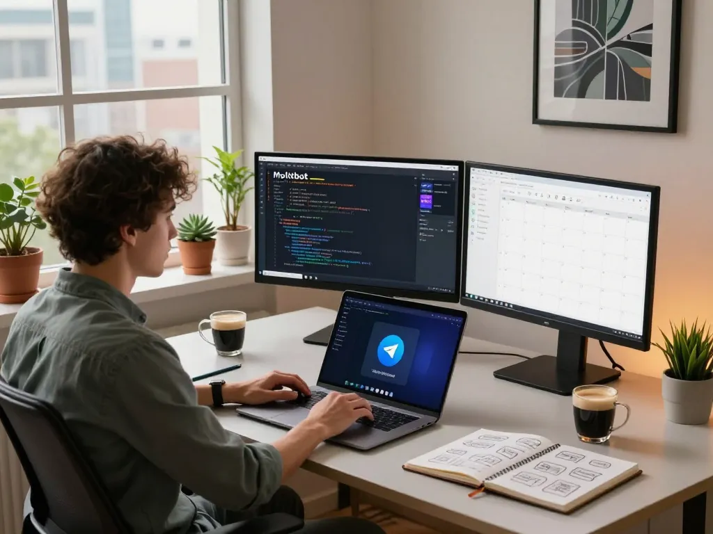 Developer using moltbot AI in a modern home office with dual monitors and creative workspace.