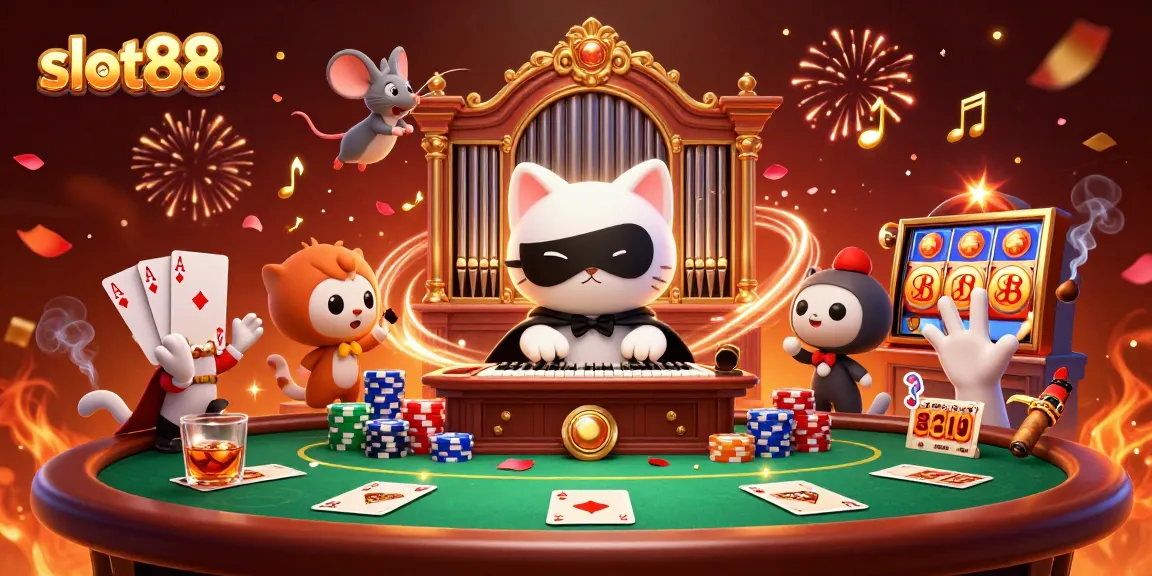 Experience the thrill of slot88 with a captivating 3D casino illustration of a cat at a pipe organ.