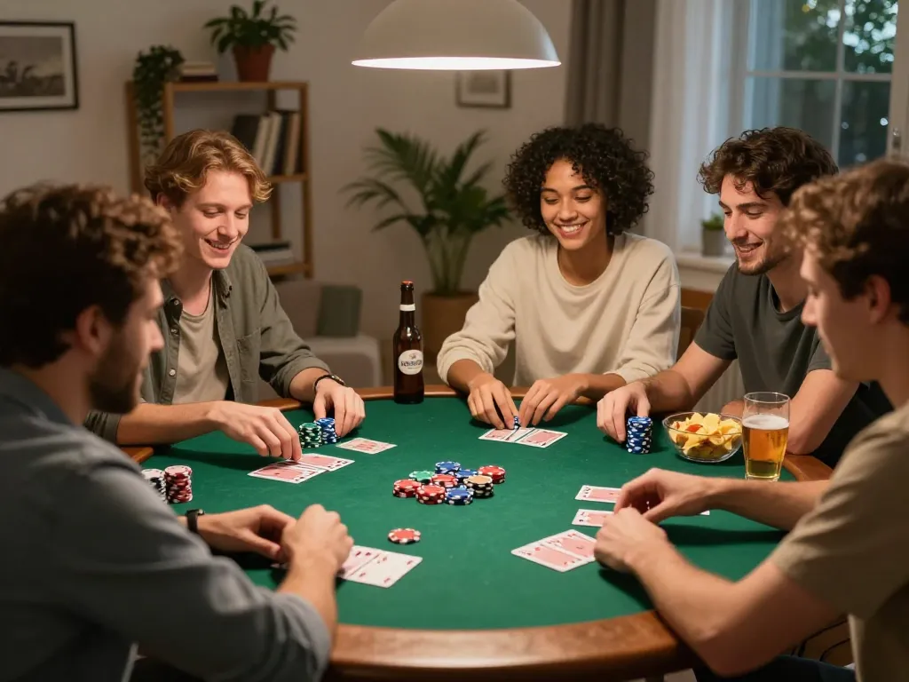 Friends enjoying a poker game, showcasing viral4d casual gameplay, engaging in strategy and social fun.