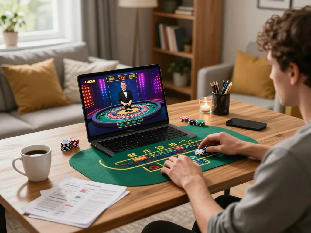 Engaging with LUCK8 through a stylish home gaming setup, featuring a live dealer game on a laptop.