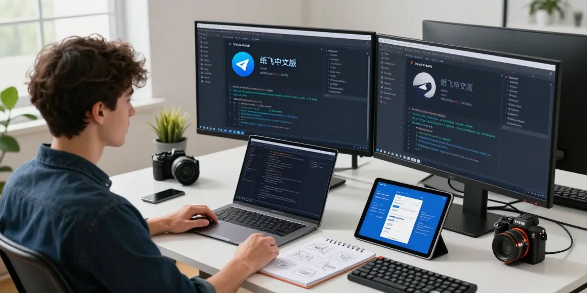 Showcasing a developer using 纸飞机中文版 in a modern tech workspace to enhance communication.