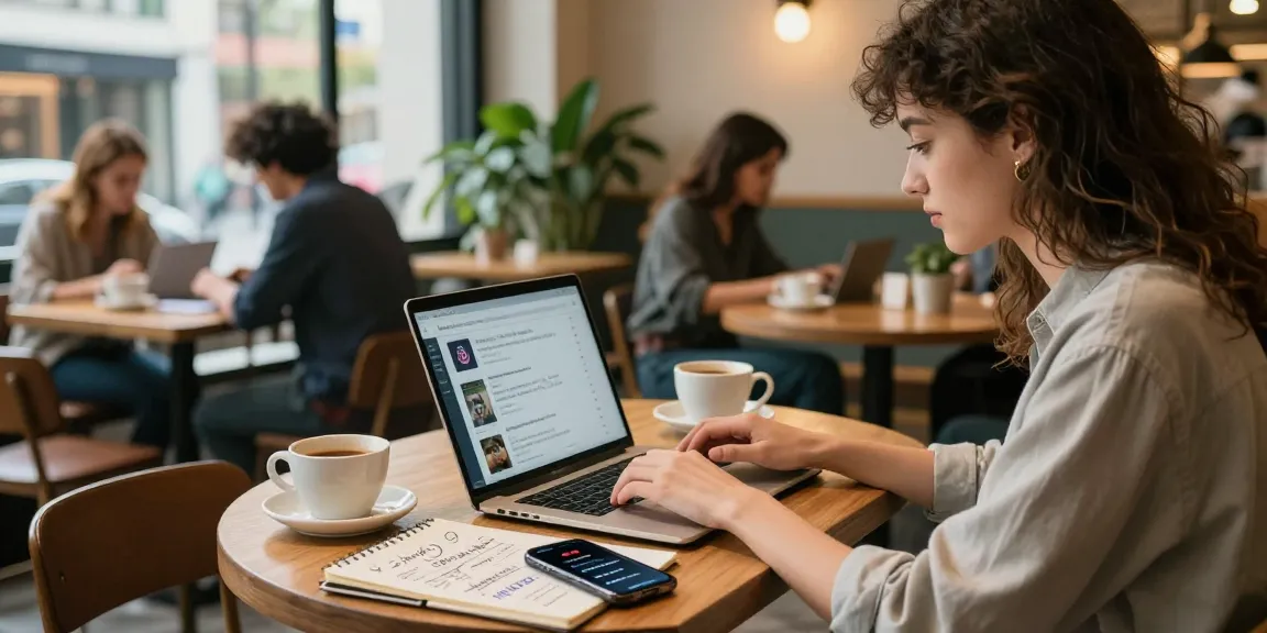 Young influencer analyzing Instagram insights to gain real followers for your account in a vibrant café.