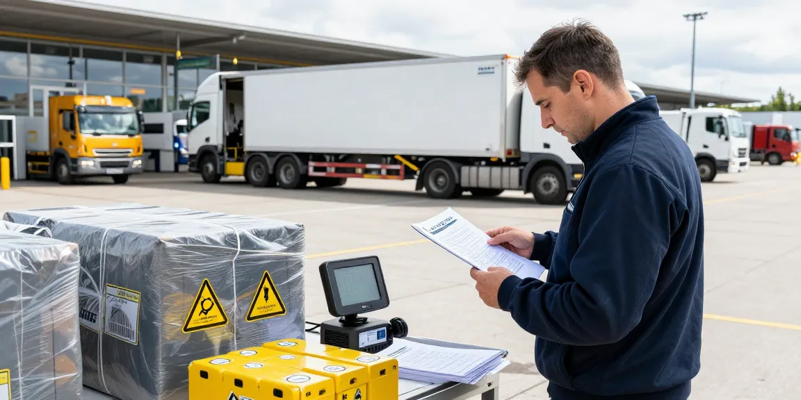 Batterie Transport von Dortmund: ADR-zertifizierter Fahrer überprüft Sicherheitsdokumente und Verpackung am Transportzentrum.