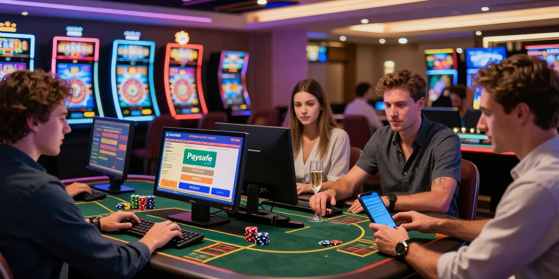 Spieler genießen eine Paysafe Card Casino-Erfahrung in einer modernen, lebhaften Umgebung mit Spielaufregung.