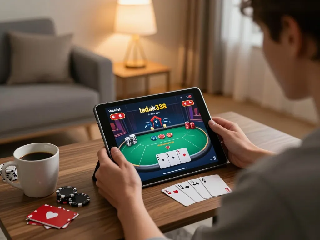 Player enjoying a poker game at ledak338 on a tablet, showcasing a cozy home gaming setup.