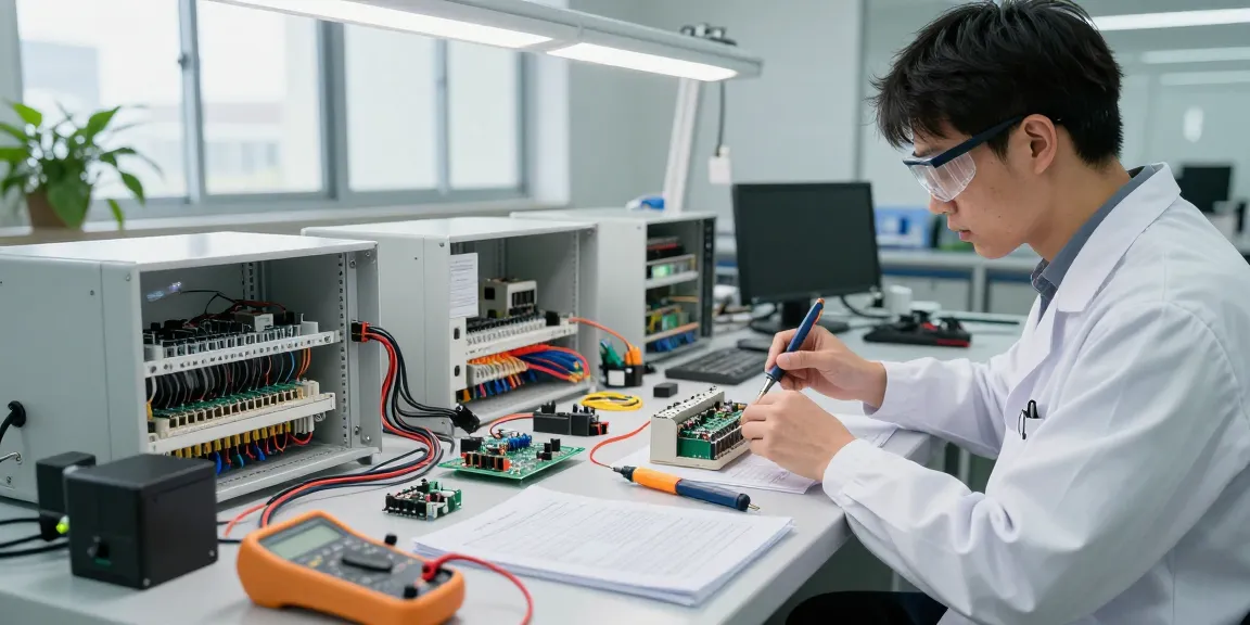 Engineer examining IEC connectors in a bright technical workspace filled with tools and components.