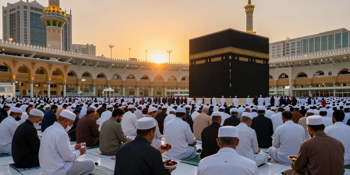 Umroh ramadhan pilgrimage at Masjidil Haram, capturing spiritual unity during sunset, showcasing family and community togetherness.