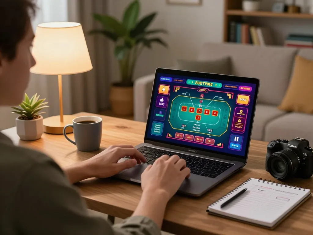 Engaging in online casino games at home with vaobet interface on laptop, showcasing responsible gaming.