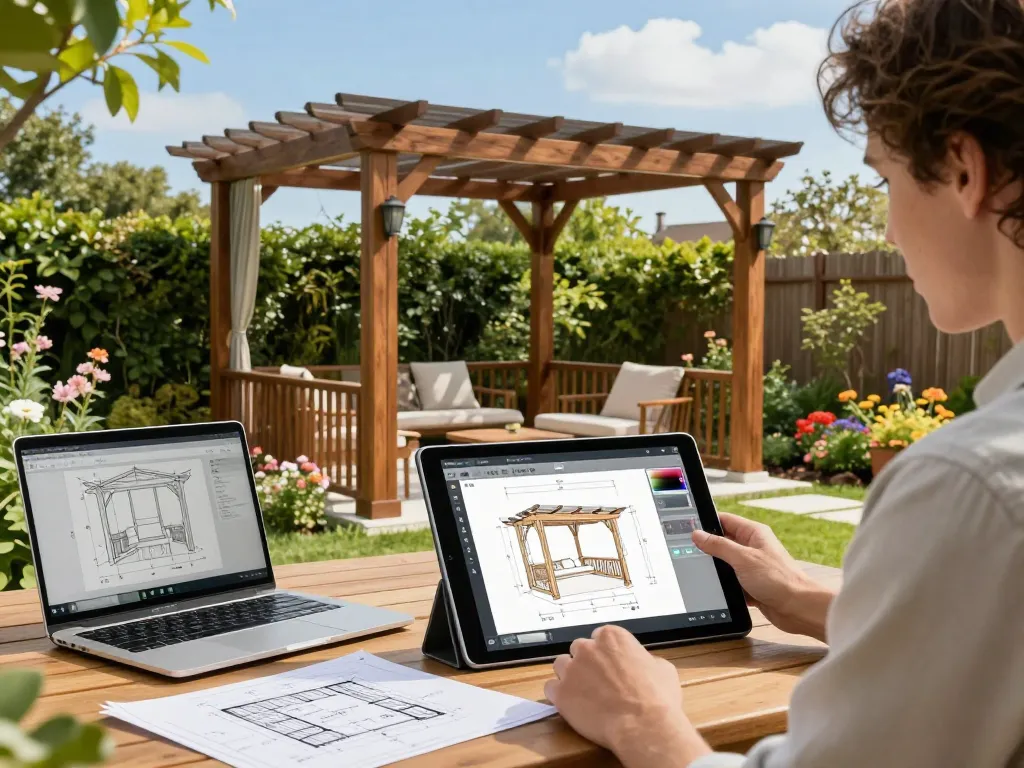 Designer using Pergola Configurator Software outdoors to create a 3D pergola design surrounded by nature.
