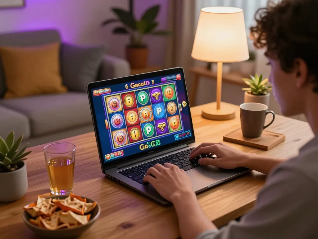 Player winning at slot gacor on laptop in a cozy home setting, emphasizing responsible gaming