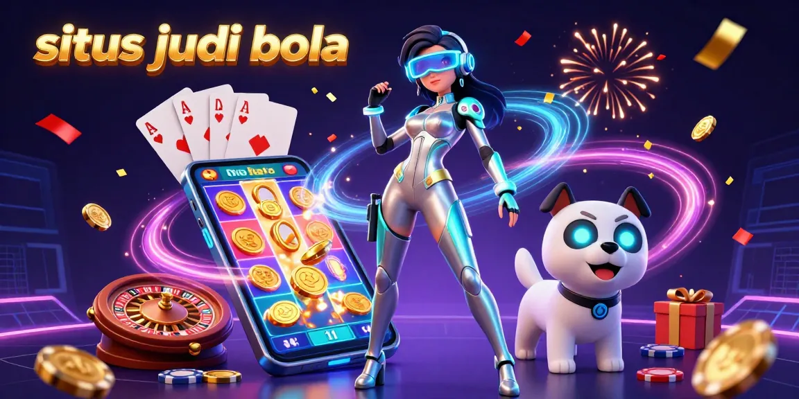 Engage with situs judi bola in a vibrant 3D casino scene featuring slot games, colorful animations, and a futuristic aesthetic.