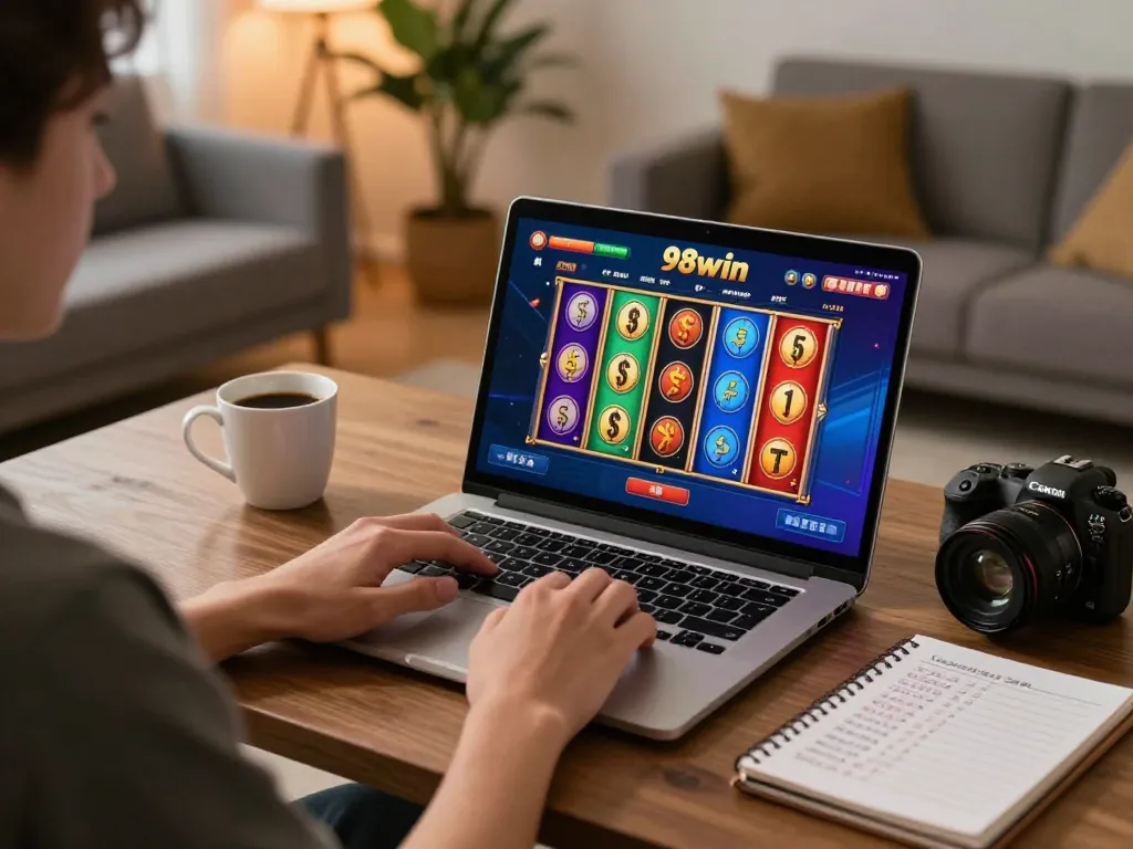 Engaging in 98win online casino gaming with vibrant slot machine visuals while managing bankroll.