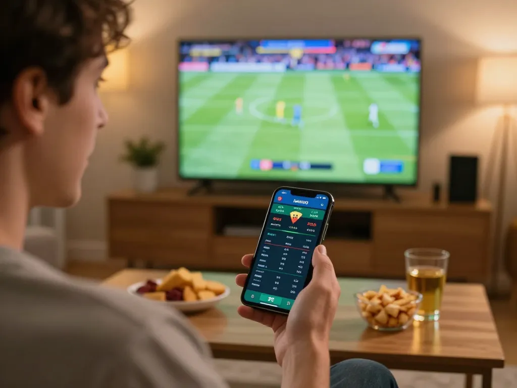 Engaging sports betting experience on a mobile app with nhandinhkeonhacai integration in cozy home setting