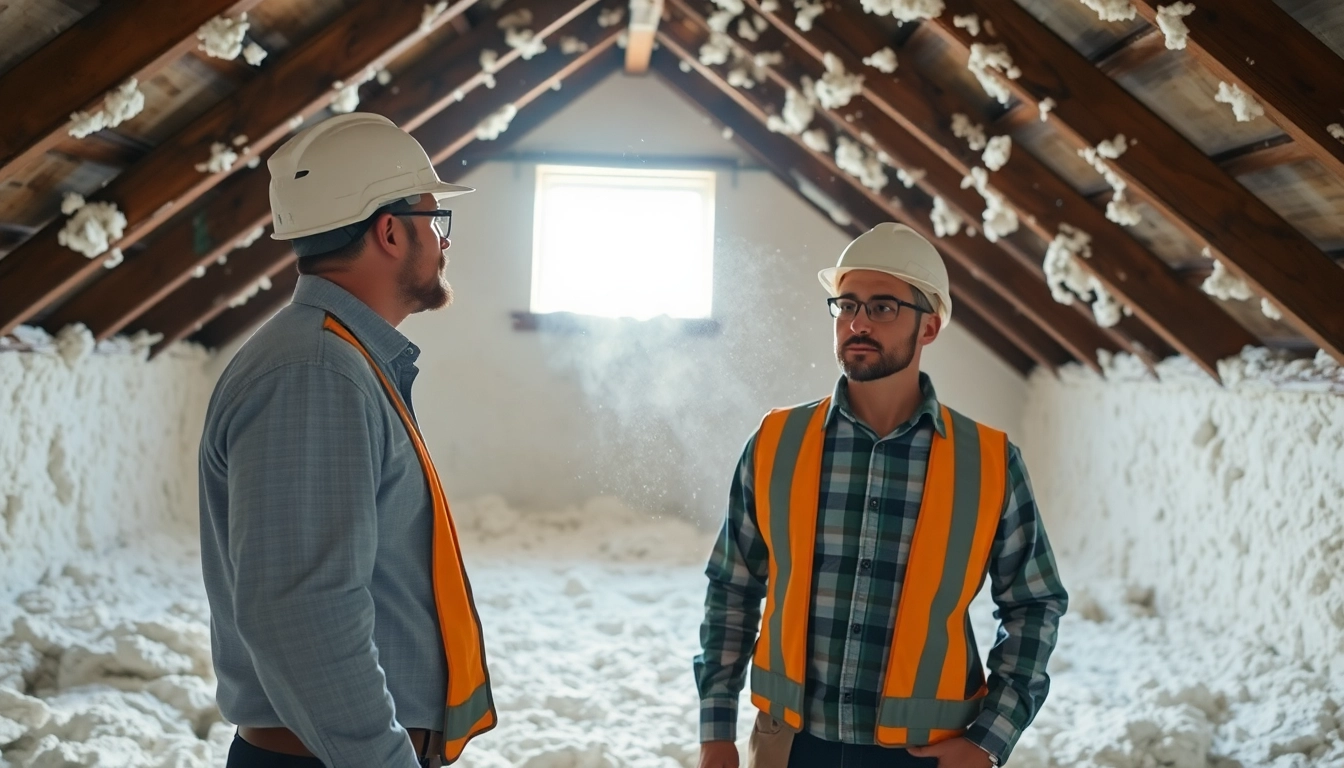 Professional conducting a spray foam removal consultation in an attic setting.