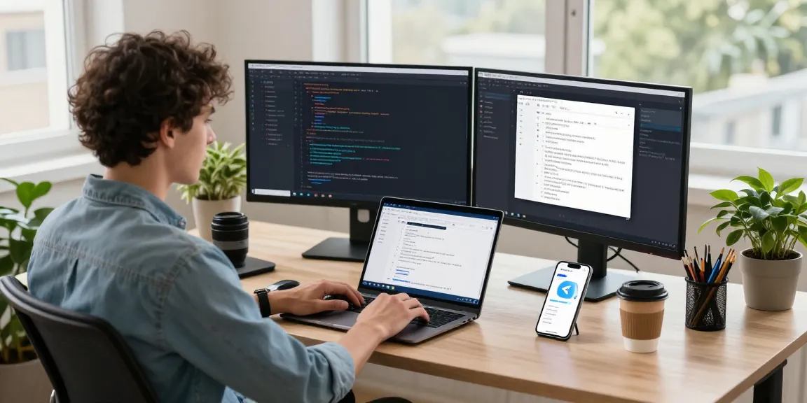 Developer engaging with 纸飞机中文版 app in a modern office workspace, showcasing productivity.