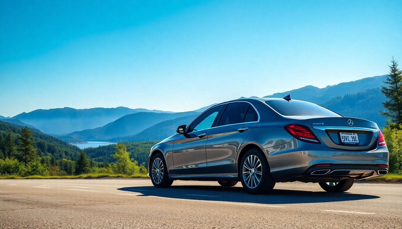 Car service from Vancouver to Seattle featuring a luxury sedan at a mountain viewpoint.