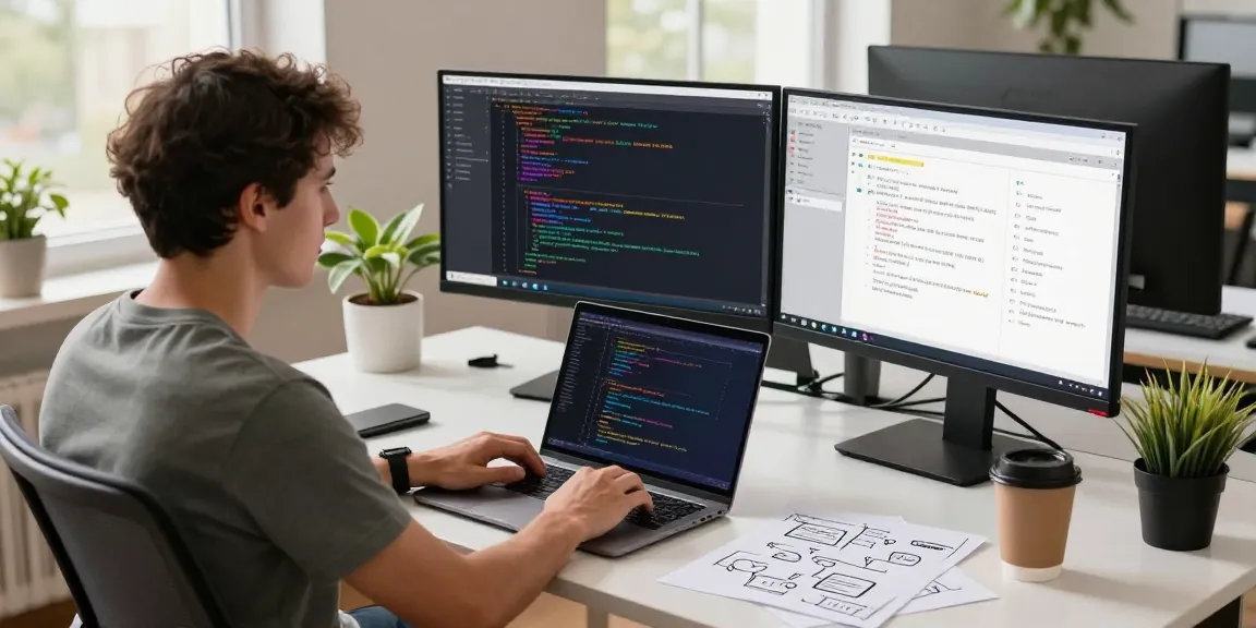 Open claw skill coding workspace with developer on dual monitors and brainstorming notes.
