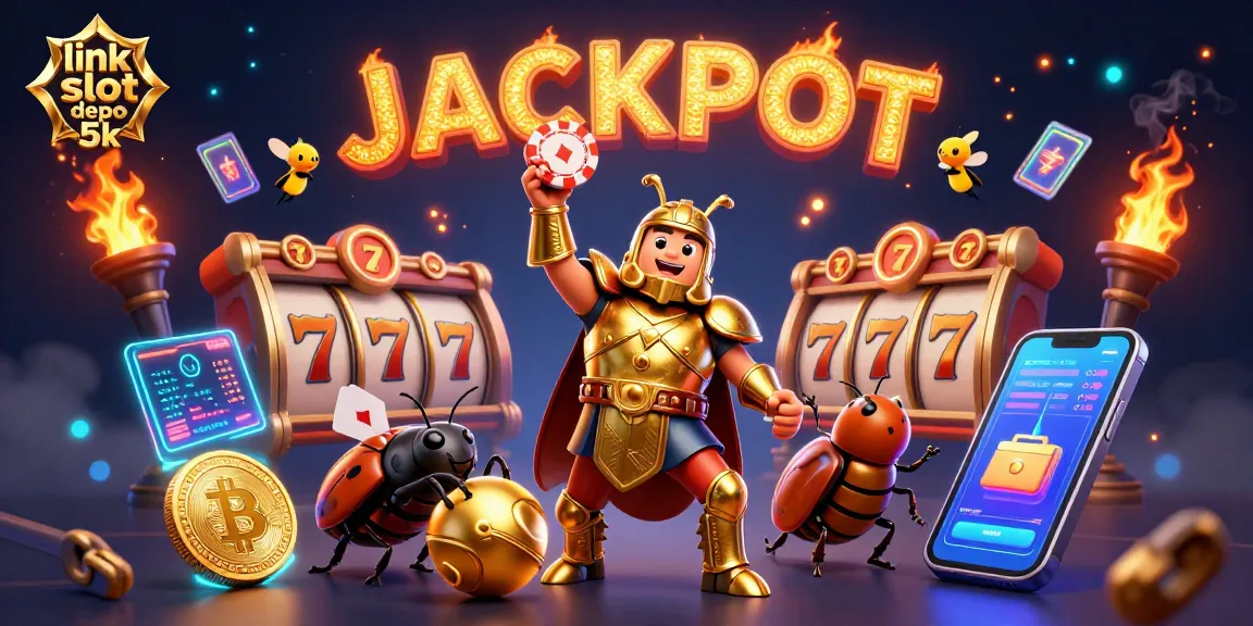 Engage in thrilling wins at link slot depo 5k with a vibrant 3D casino scene featuring beetles and jackpot elements.