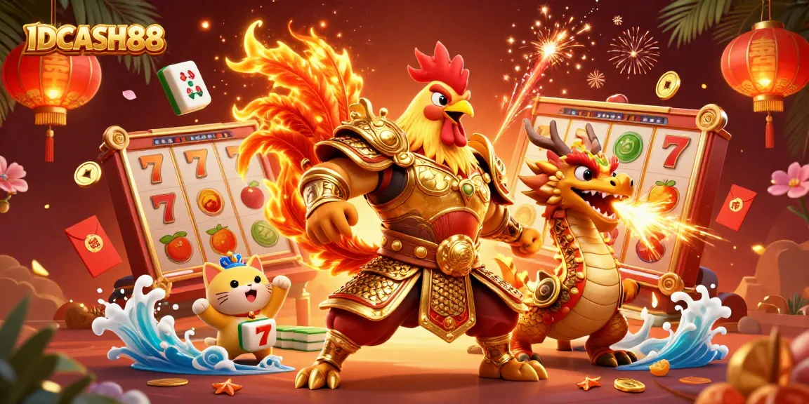 Experience the excitement of IDCASH88 through vibrant 3D gaming elements with a rooster warrior and dragon hatchling.
