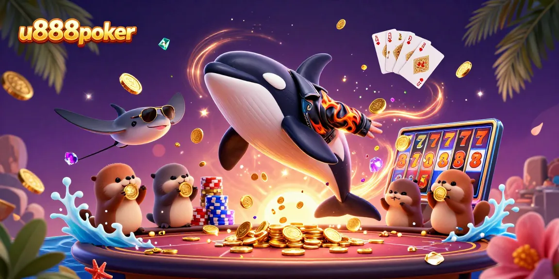 u888poker showcases a thrilling casino scene with an orca, stingray, and otters amid flying coins and poker elements.