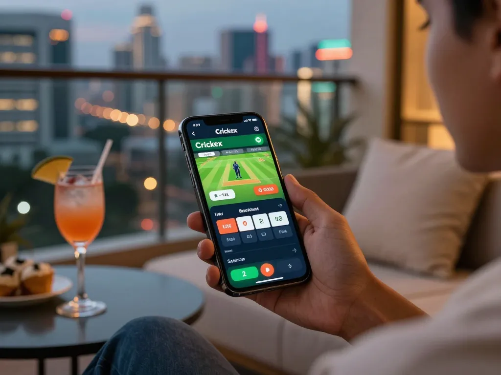 Crickex user placing live cricket bets on a smartphone from a stylish balcony setting.