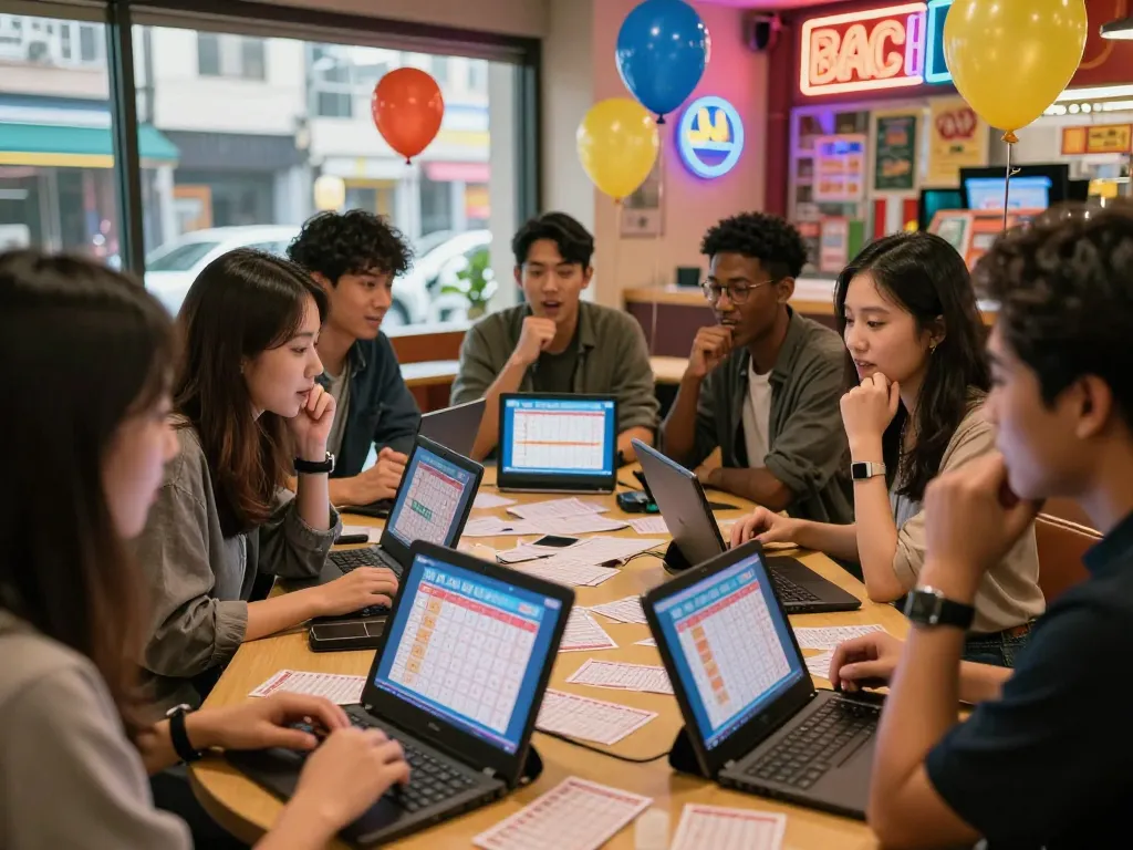 Friends gathered excitedly checking HK Hari Ini lottery results on digital devices