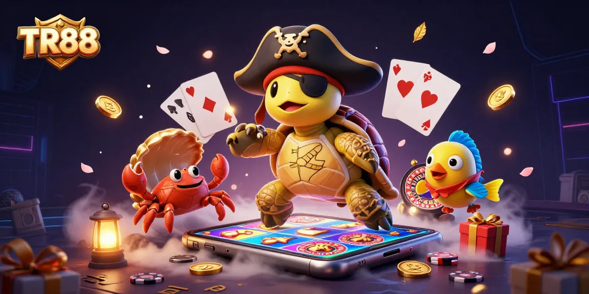 Engage with TR88's vibrant online casino experience featuring a pirate turtle and treasure-filled scene.
