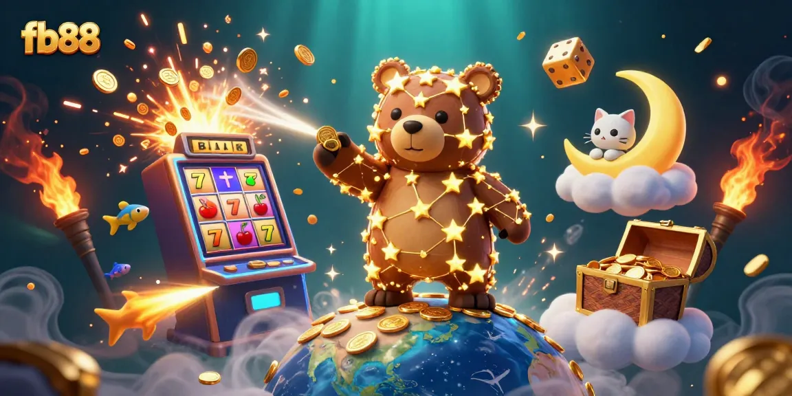Engage in thrilling fb88 slot action with golden stars and vibrant game elements in a cosmic casino.