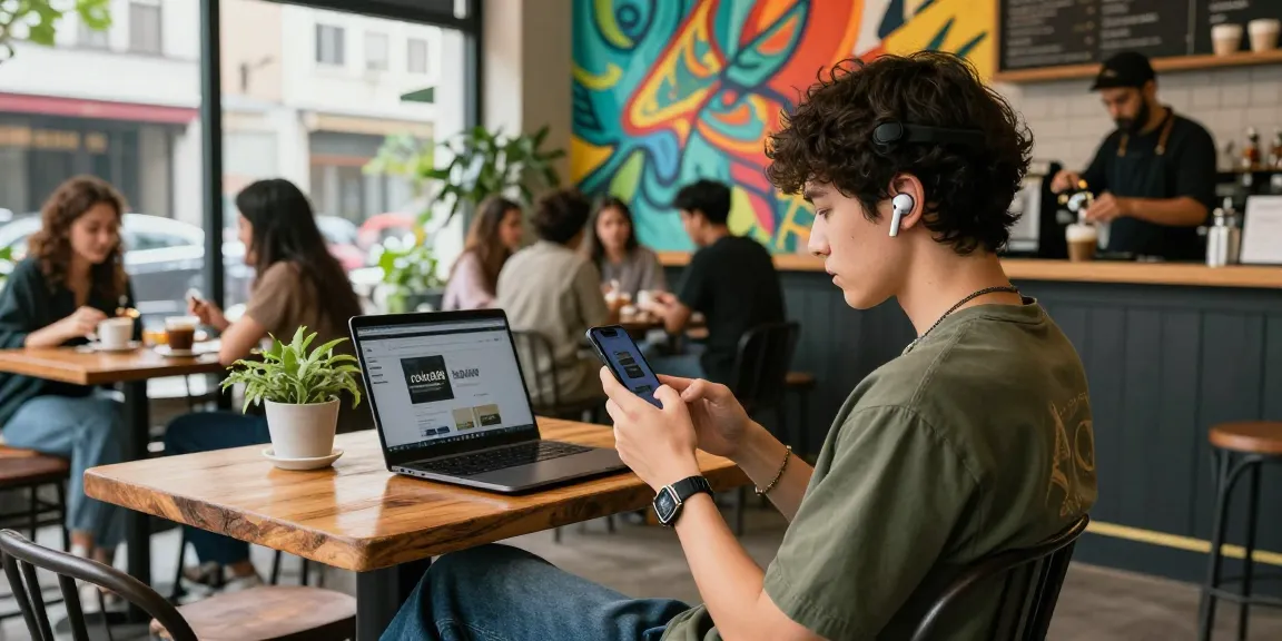 Urban lifestyle image featuring rokok88 on a laptop in a vibrant café setting, showcasing stylish streetwear and social interactions.