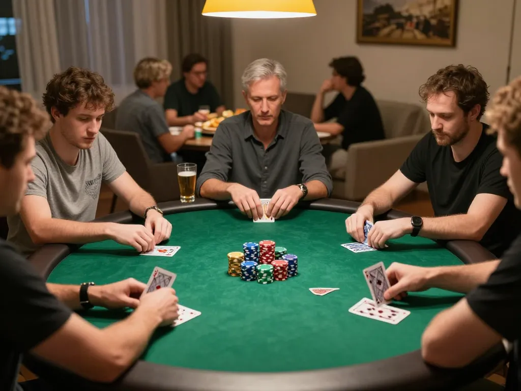 Boca Raton Construction Litigation Lawyer oversees an engaging poker game night, emphasizing strategic social play.