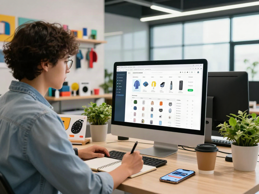 E-commerce workspace showcasing online store manager using bro138 while reviewing sales data and product samples in a vibrant office.