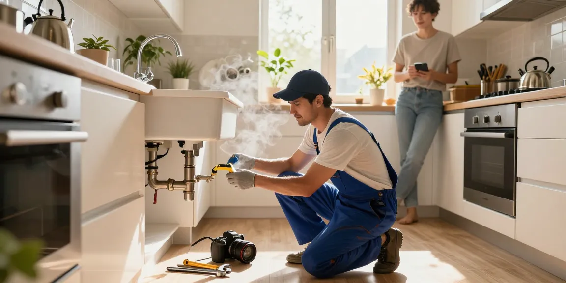 Expert plumber performing plumbing repair services in a bright kitchen, showing tools and home details.