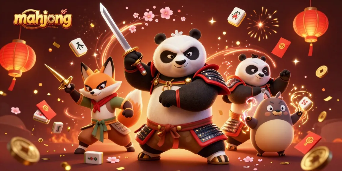 Engage in vibrant mahjong action amidst animated characters and festive elements.