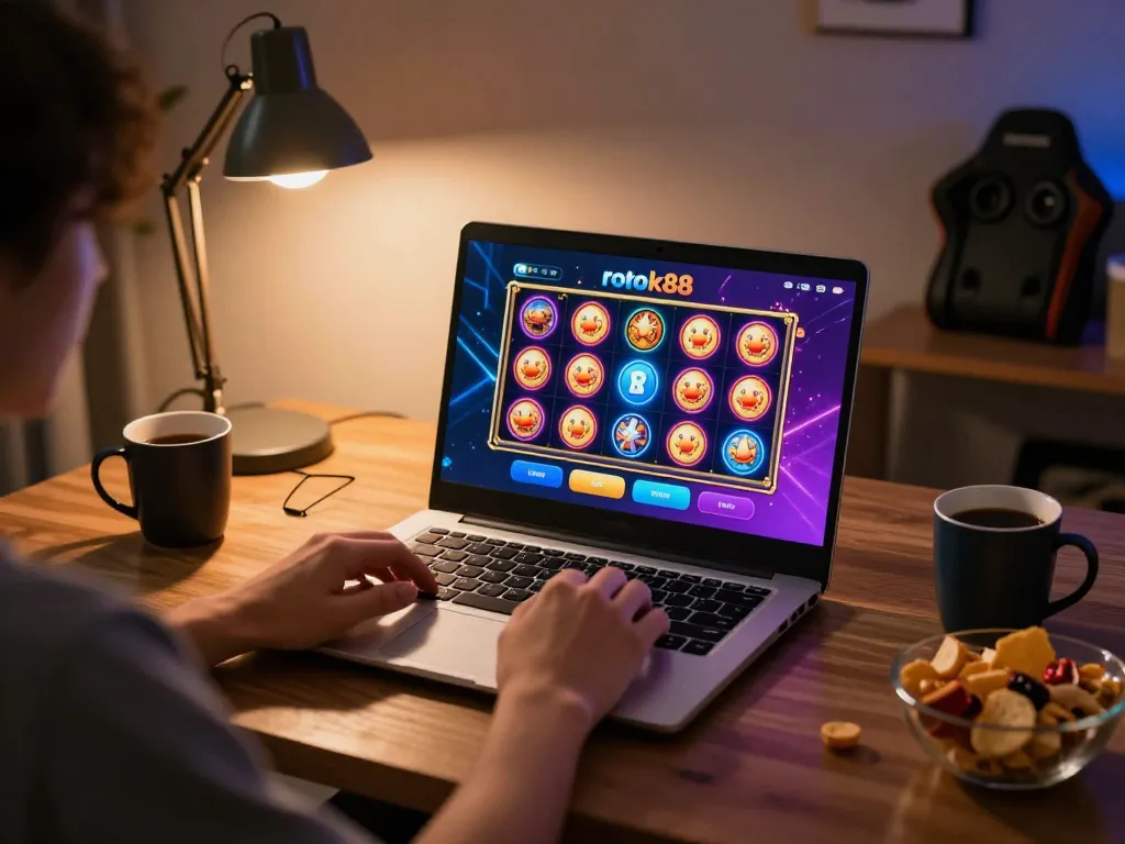 rokok88 slot login displayed on laptop screen with a cozy home gaming setup, enhancing online casino experience