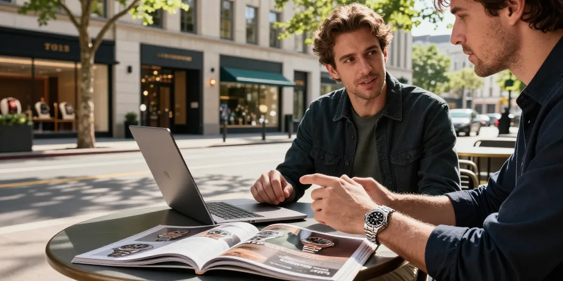 Rolex super clone watches featured in an elegant urban café setting while discussing luxury timepieces.