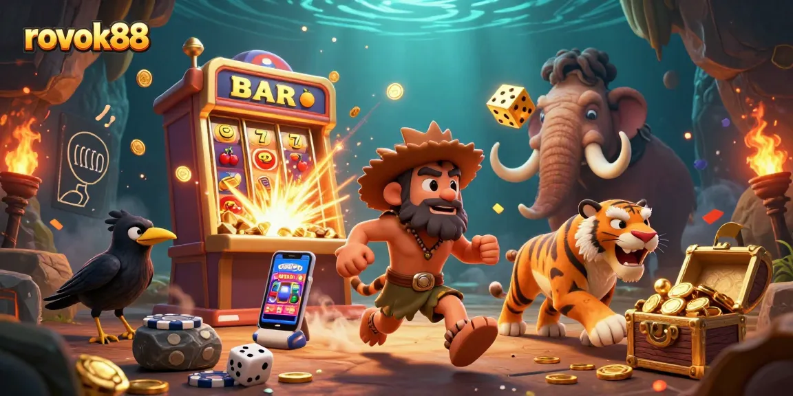 Engage with rokok88 in an energetic casino scene featuring vibrant characters and jackpot excitement.