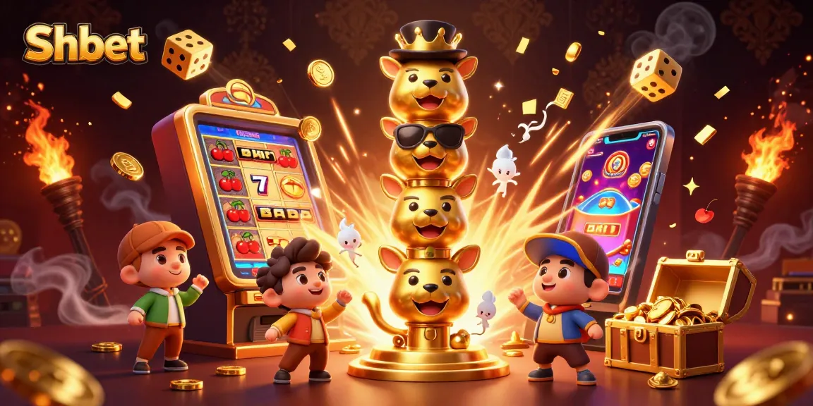 Experience thrills at Shbet with vibrant slot machines and a golden totem pole in 3D illustration.