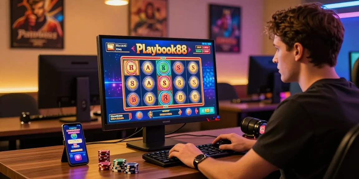 Playbook88 online gaming engagement at stylish desk with colorful graphics.