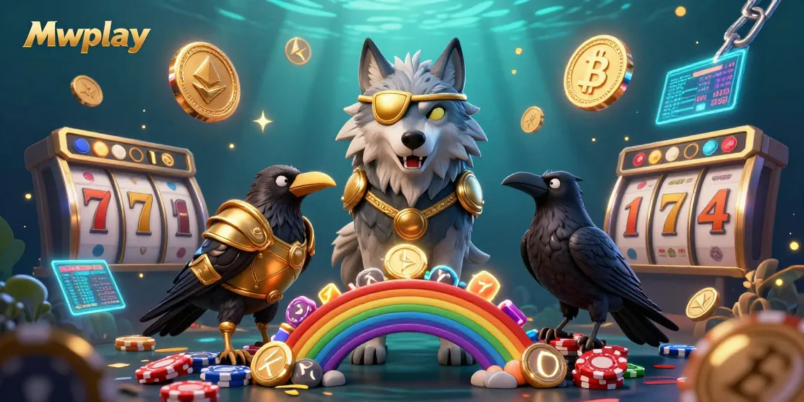 Mwplay promotes thrilling gambling adventures with a 3D cartoon depiction of an Odin wolf and ravens.