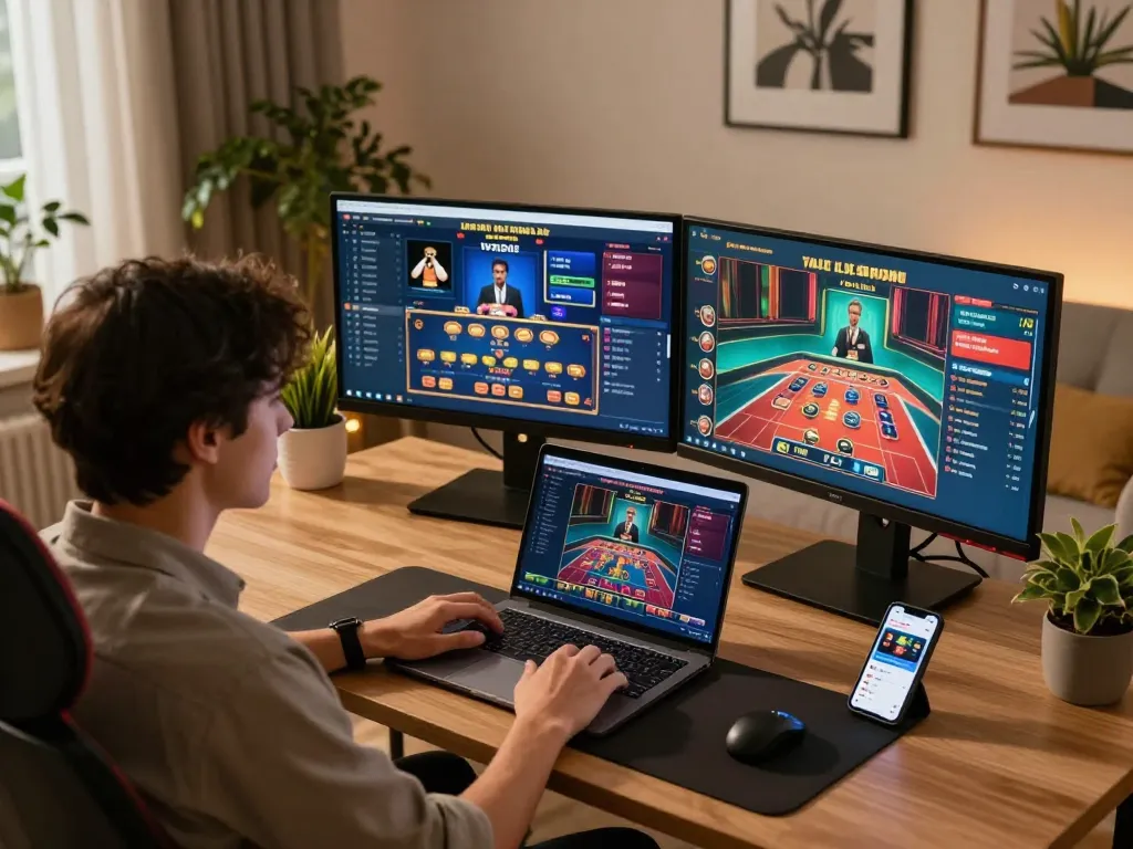Player enjoying ax88 online casino games during a relaxed evening at home with stylish setup