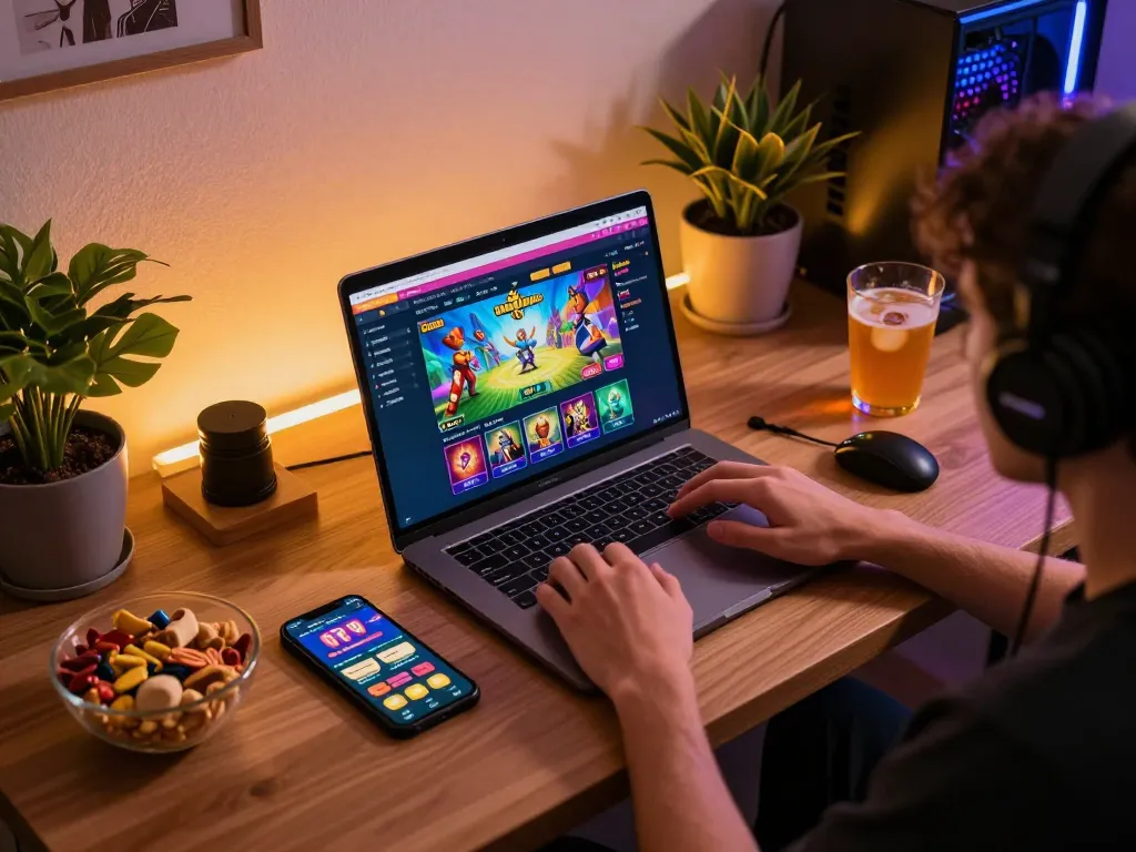 Engaging scene of online gaming featuring situs amigogrillandco casino interface on a laptop, showcasing a cozy home setup.