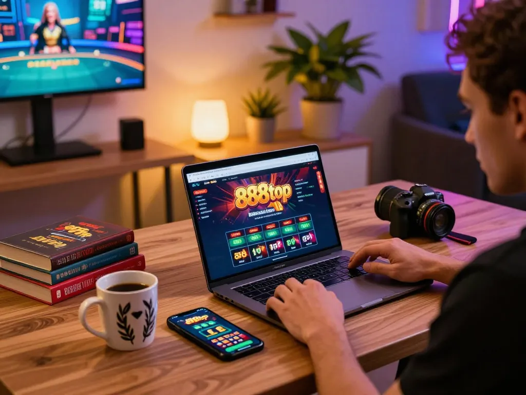 Engaging with the 888top casino app on a modern laptop, emphasizing strategic online gaming.