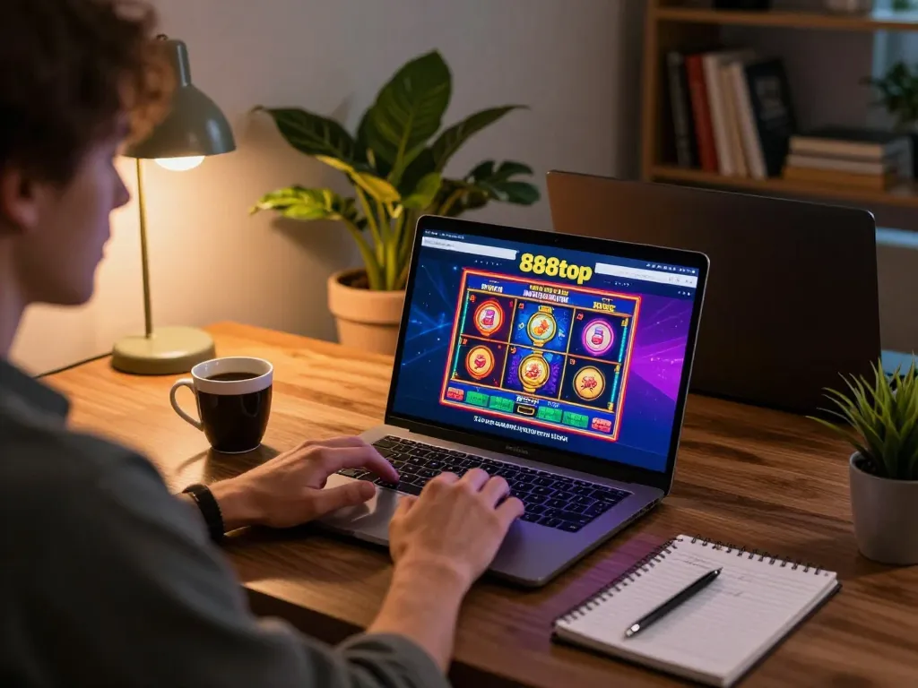 Player enjoying 888top online casino experience on laptop with strategic notes nearby