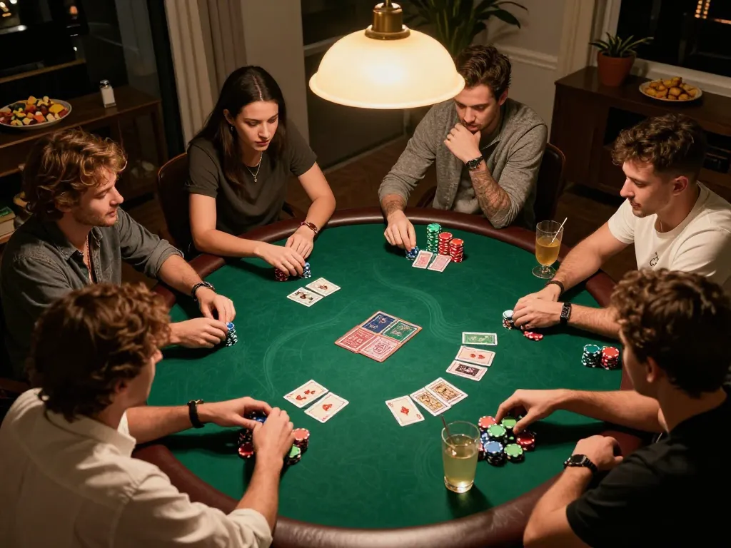 Friends enjoying a competitive poker game at home, showcasing ALO8's gaming vibe.