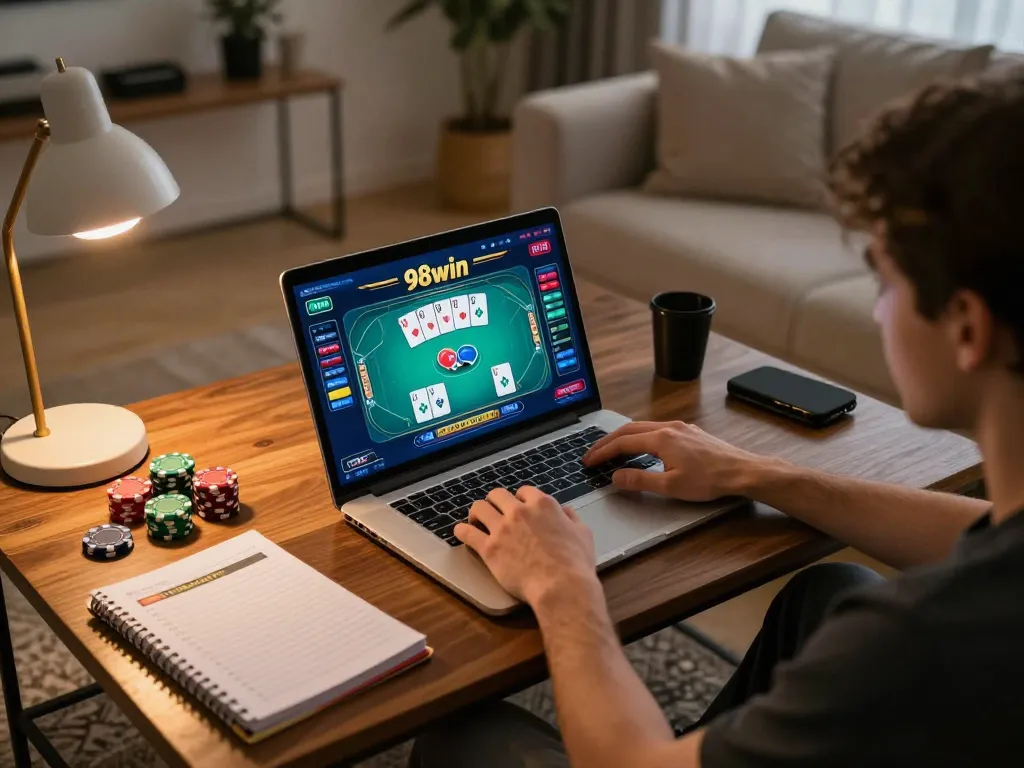 Player enjoying 98win gaming from home, engaged in strategic online casino action