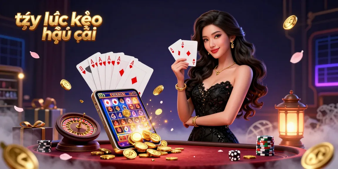 Experience tỷ lệ kèo nhà cái with an elegant Asian woman in a luxury casino, holding ace cards among vibrant gaming elements.