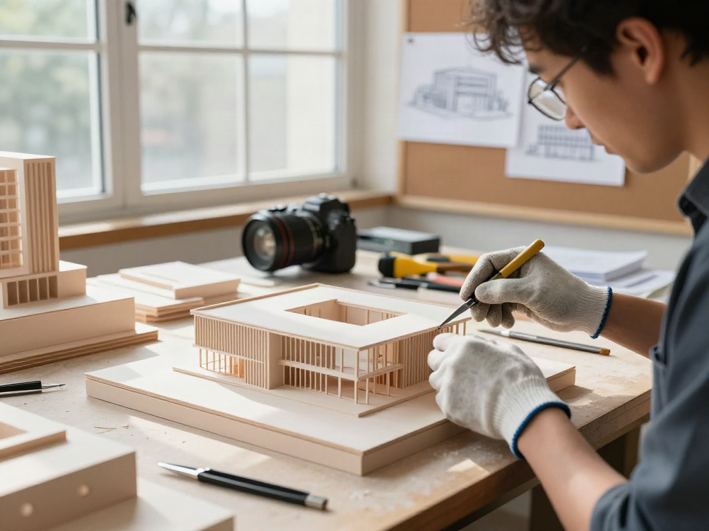 Architectural model maker Austria creating detailed scale models with precision tools in a well-lit workshop.
