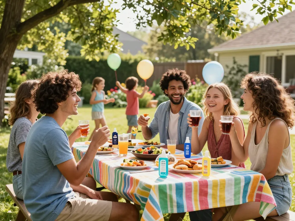 A vibrant summer gathering showcasing friends enjoying a barbecue while using the best mosquito repellent to stay comfortable outdoors.