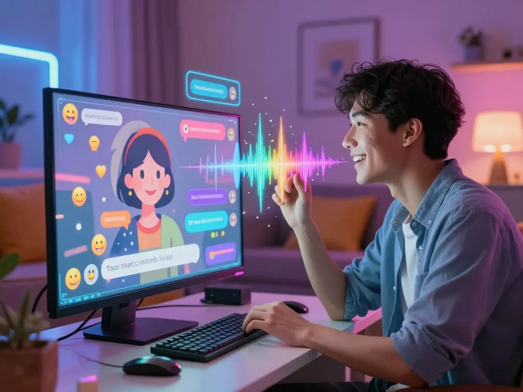 Engaging in a lively NSFW AI chat experience with vibrant visuals and holographic features