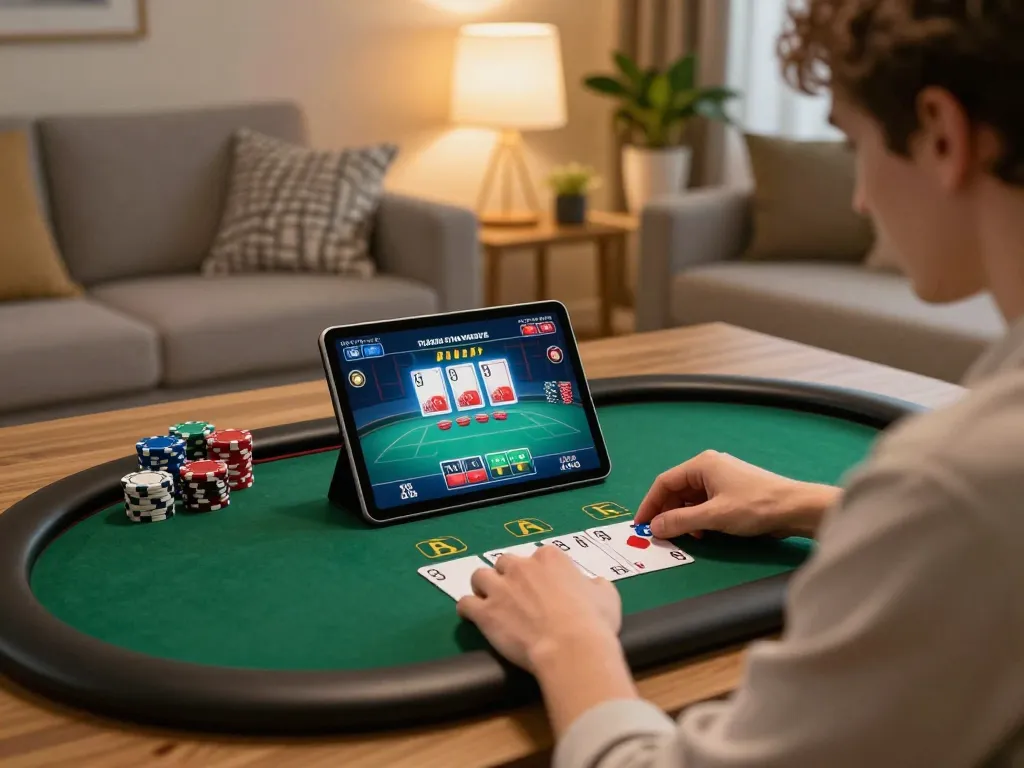 Người chơi hứng thú đang lập chiến lược đặt cược trên ứng dụng poker Luckywin từ nhà, không gian ấm cúng với ánh sáng ấm áp.